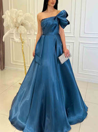 One Shoulder Blue Satin Evening Dress with Bow Detail Formal Prom Dress Ms2601305
