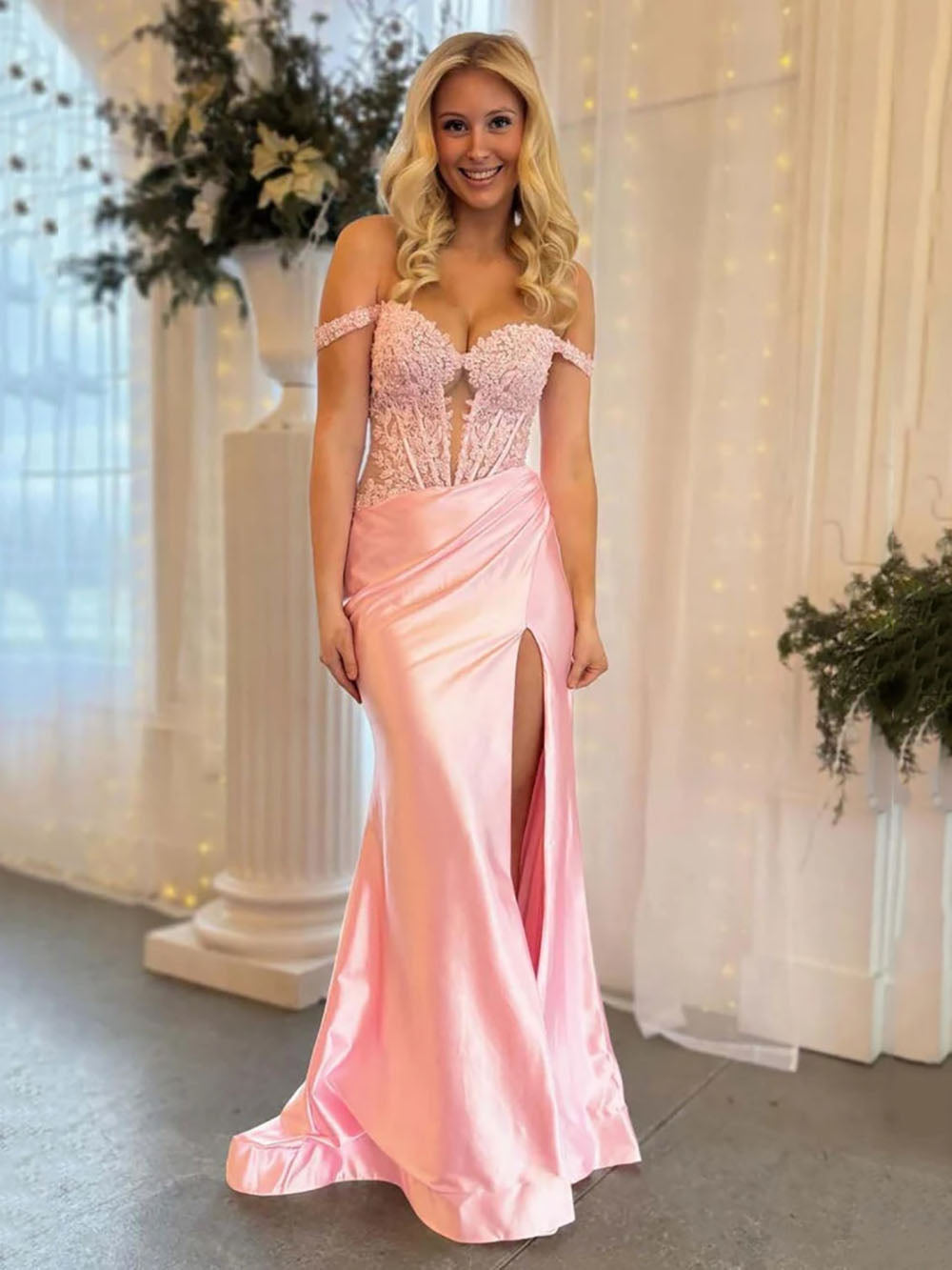 Blush Pink Off Shoulder Lace Corset Satin Prom Dress High Slit Evening Gown Ms2601073
