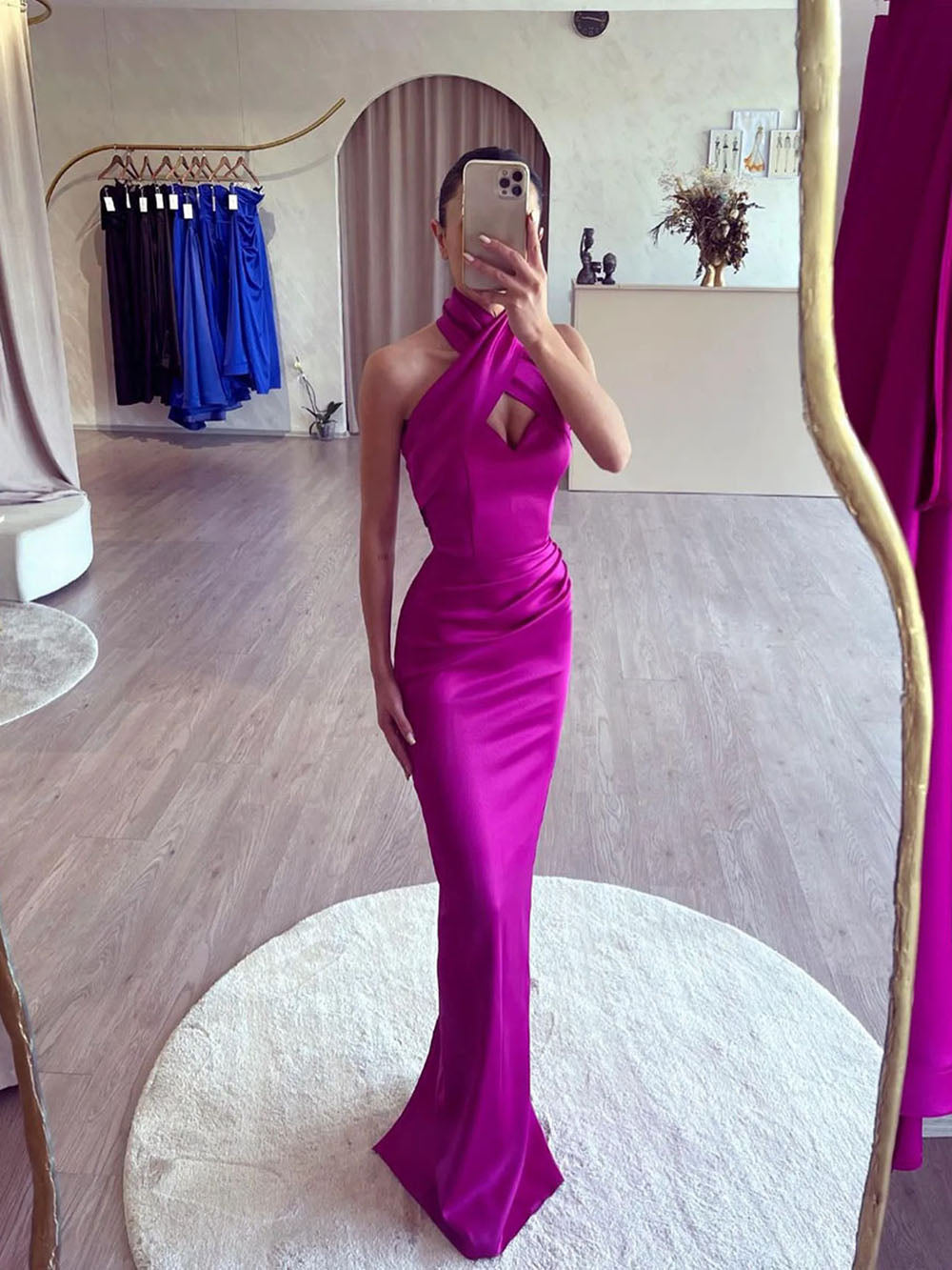 Magenta Halter Neck Satin Evening Gown Criss Cross Mermaid Prom Dress Ms2601142
