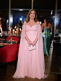 Pink Evening Dress Off Shoulder Chiffon Cape Sleeves A Line Beaded Sequins Prom Dress Ms2605066