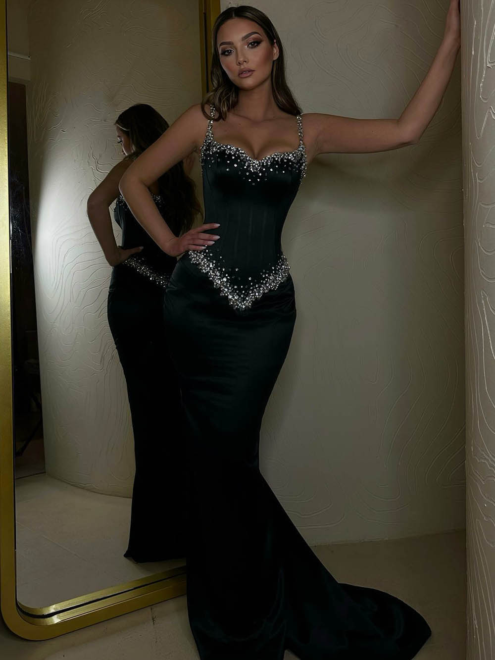 Dark Green Corset Evening Gown Beading Crystal Mermaid Prom Dress Ms2512271
