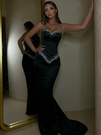 Dark Green Corset Evening Gown Beading Crystal Mermaid Prom Dress Ms2512271