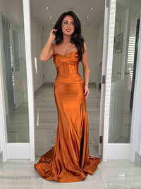 Orange Strapless Satin Corset Evening Gown High Slit Mermaid Prom Dress Ms2601306