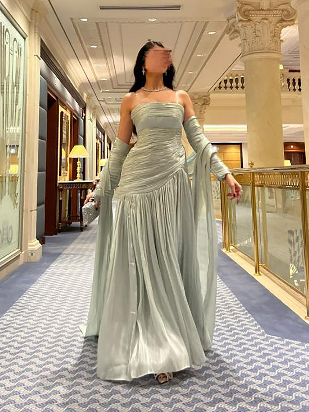 Sage Green Strapless Prom Dress Detachable Long Sleeves Pleated Formal Evening Gown Ms2604184