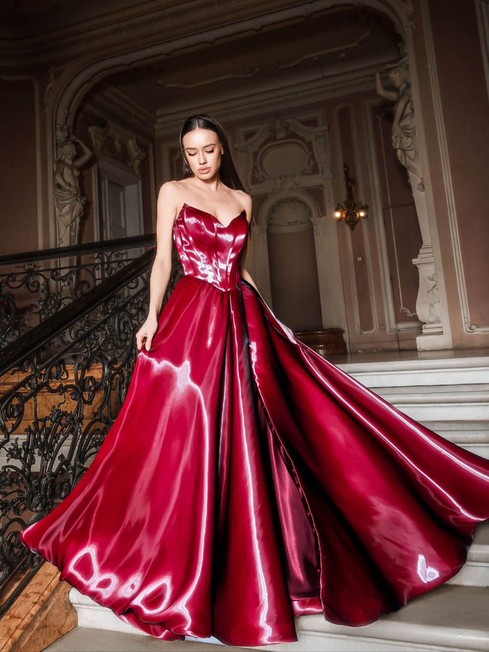 Red Sparkly Satin Evening Dress High Slit Sweetheart Prom Dress Ms2512235