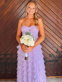 Lilac Tiered Ruffles Prom Dress Strapless A Line Formal Gown Princess Party Dress Ms2606084