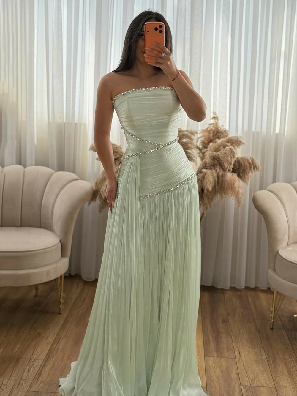Elegantes grünes Ballkleid mit Rüschen und Rundhalsausschnitt für Damen, formelle Anlässe, Partykleid, Abendkleid