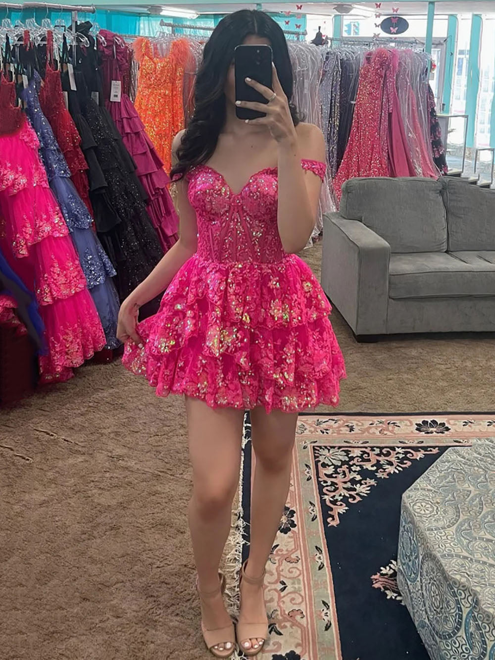 Off Shoulder Sequin Mini Homecoming Dress Corset Layered Party Graduation Gown Ms2601111