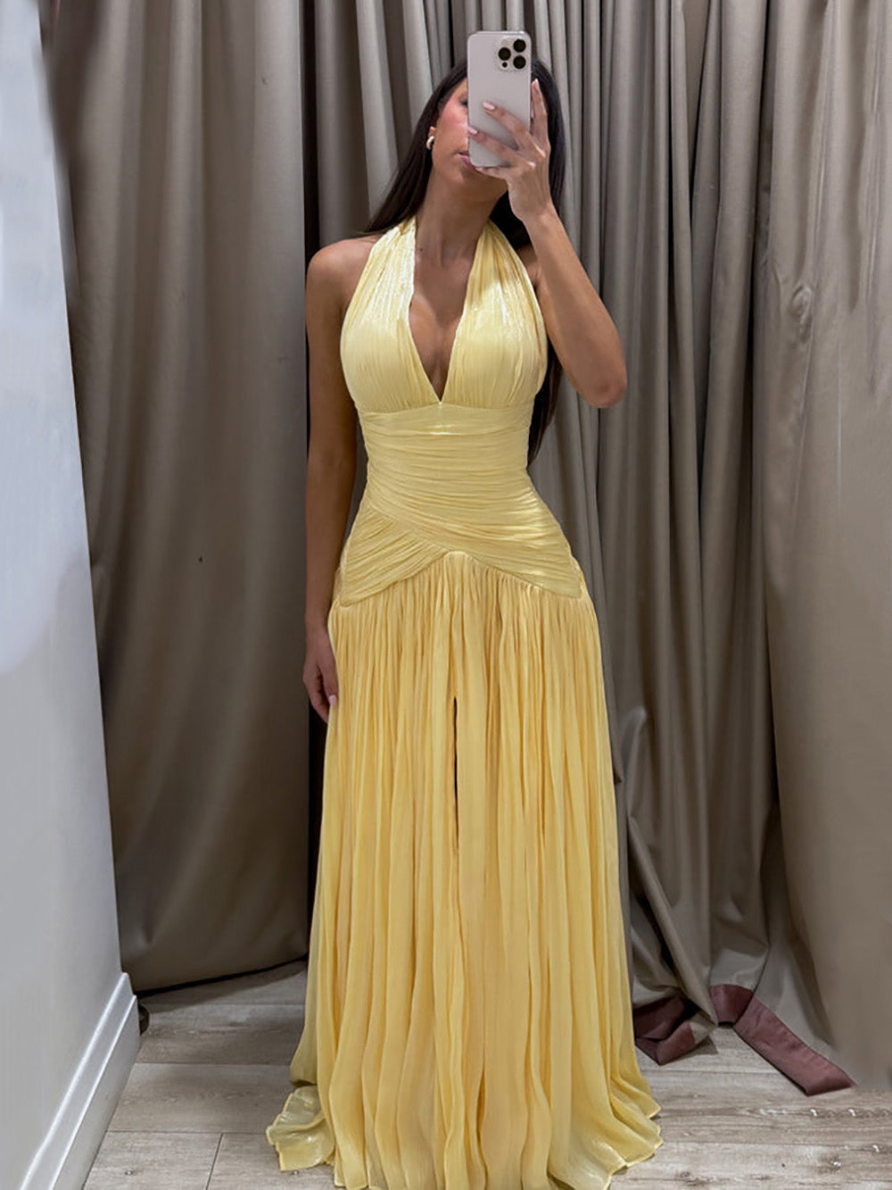 Yellow Halter Deep V Neck Ruched Prom Dress Pleated Evening Dress Ms2604263