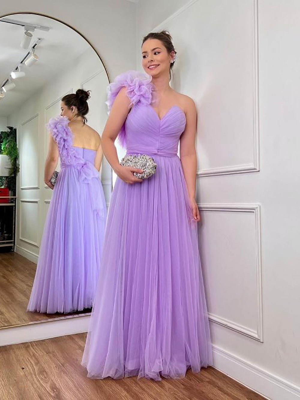 Lavender Tulle Prom Dress One Shoulder Flower Ruched A Line Guest Formal Evening Gown Ms26071122