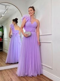Lavender Tulle Prom Dress One Shoulder Flower Ruched A Line Guest Formal Evening Gown Ms26071122