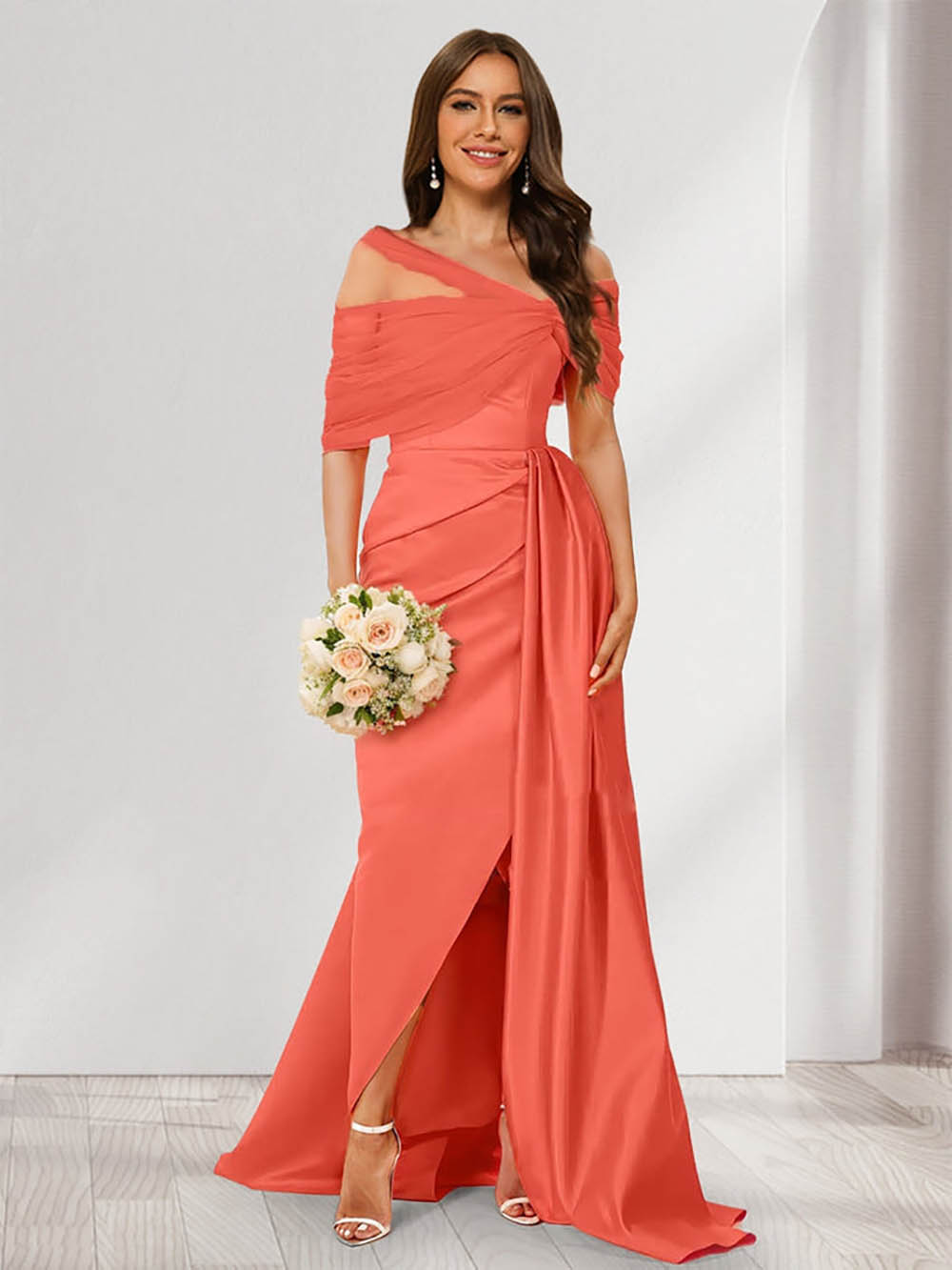 Off Shoulder Prom Dress Draped Satin Side Slit Formal Wedding Party Dress Ms2512311