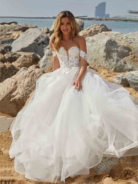 Romantic Off Shoulder Floral Lace Wedding Dress A Line Tulle Beach Bridal Gown Ms2603015