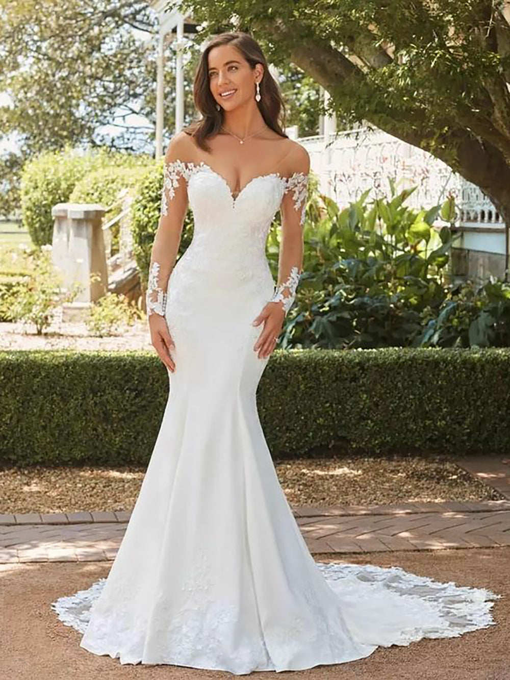 Elegant Mermaid Wedding Dress Lace Appliques Bride Dress Illusion Long – Msikoods Official Store