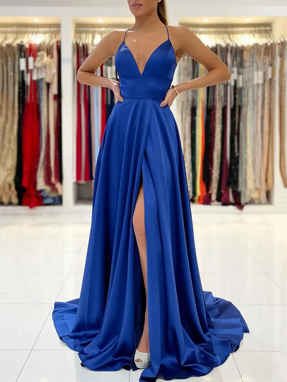 Satin Backless Prom Dress A Line Spaghetti Strap Formal Evening Gown Ms2603131