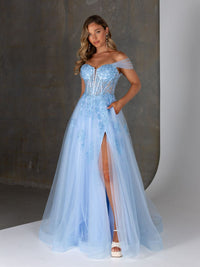 Off Shoulder Tulle Prom Dress Corset Lace Appliqué High Slit Formal Evening Dress Ms2601122