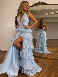 Tiered Lace Prom Dress V Neck High Slit Glitter Tulle Evening Dress Ms2511294