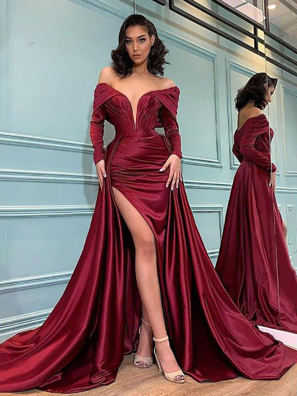 Satin Evening Gown Deep V Neck Long Sleeve Mermaid Prom Dress With Slit Ms2601141