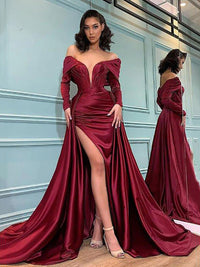 Satin Evening Gown Deep V Neck Long Sleeve Mermaid Prom Dress With Slit Ms2601141