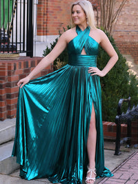 Pleated Halter Prom Dress High Slit Shiny Elegant Evening Party Dress Ms2511082