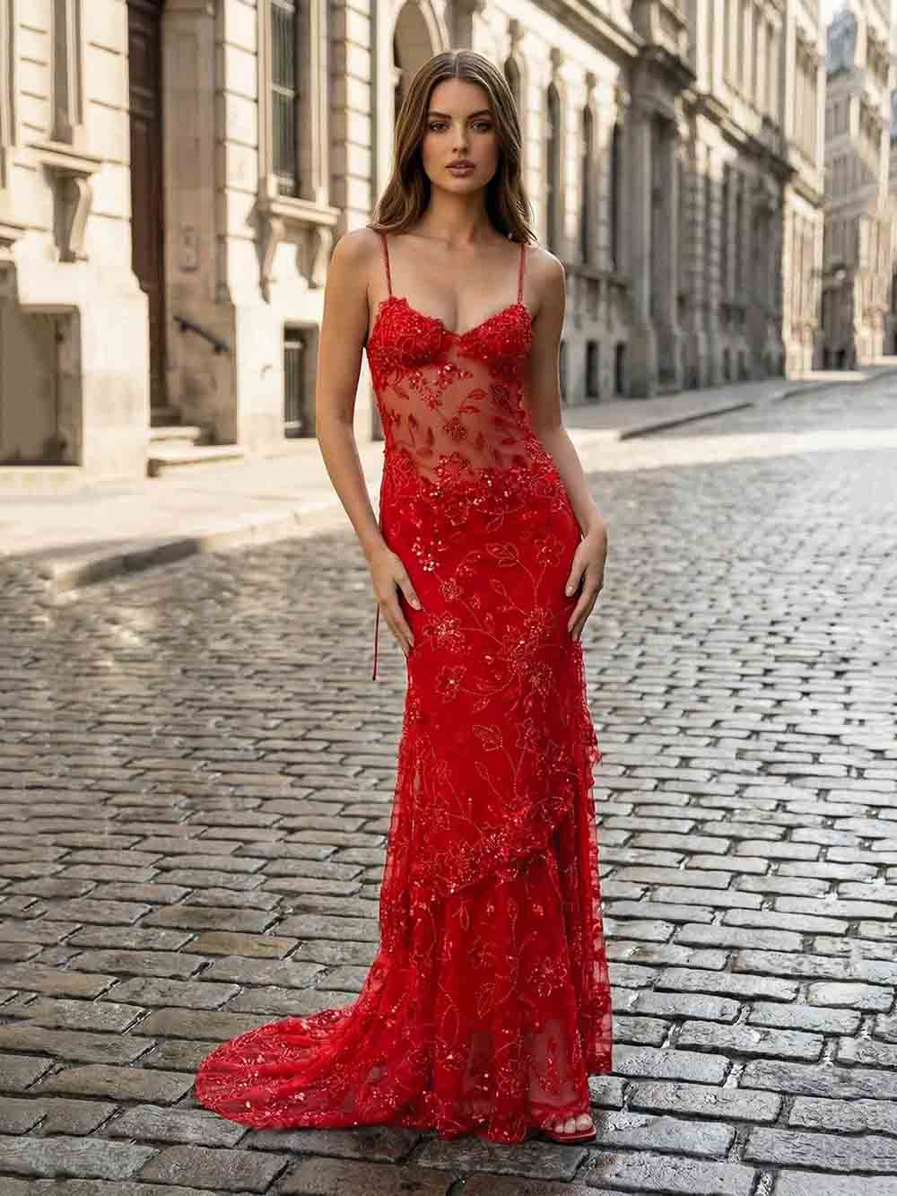 Mermaid Evening Dress Sheer Beads Embroidery Spaghetti Strap Prom Dress Ms2602262