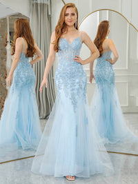 Mermaid Prom Dress Corset Lace Appliques Spaghetti Straps Long Evening Gown Ms251031