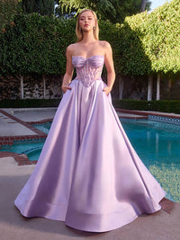 Lavender Corset Ball Gown Evening Dress Pockets Beaded Satin Prom Dress Ms2512054