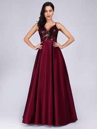 Burgundy Sequin V Neck Spaghetti Strap A Line Evening Gown Satin Prom Dress Ms2601243