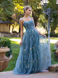 Tulle Prom Dress Embroidered A-Line Party Gown Bow Straps Garden Evening Dress Ms2606226