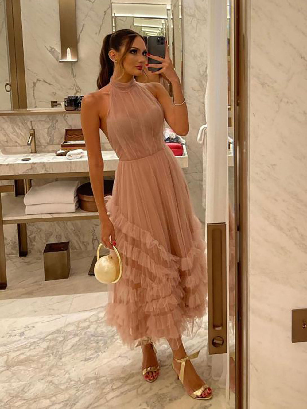 Tulle Cocktail Dress Halter Backless Tea Length Ruffle Tiered Party Dress Wedding Guest Dress Ms2607165