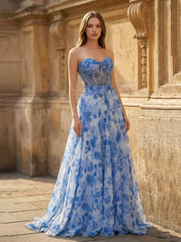 A Line Prom Dress Strapless Corset Print Floral Formal Evening Dress Ms2603106