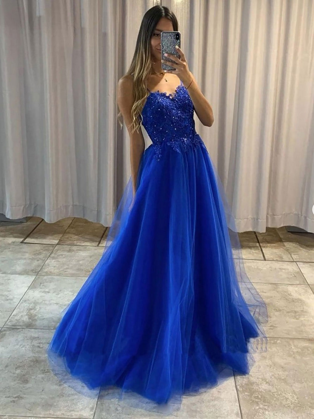 Royal Blue Prom Dress Spaghetti Strap Lace Beaded A Line Tulle Formal Evening Gowns Ms2607292