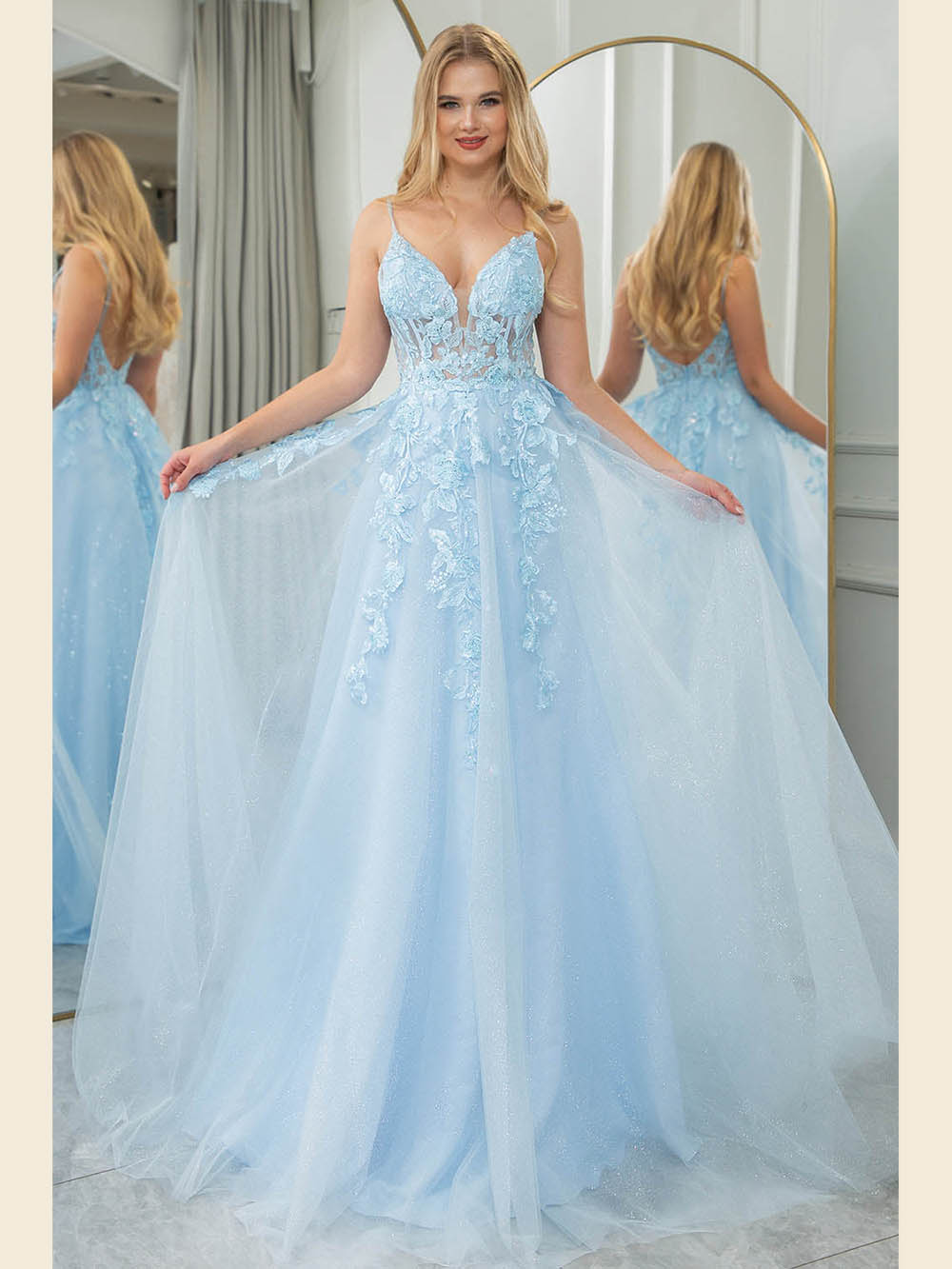 Corset A-Line Prom Gown Lace Appliqué Glitter Tulle Evening Dress Ms2511293