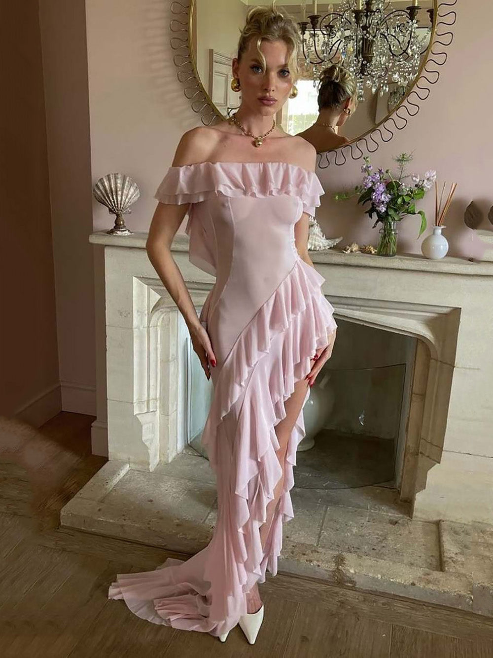 Elegantes grünes Ballkleid mit Rüschen und Rundhalsausschnitt für Damen, formelle Anlässe, Partykleid, Abendkleid