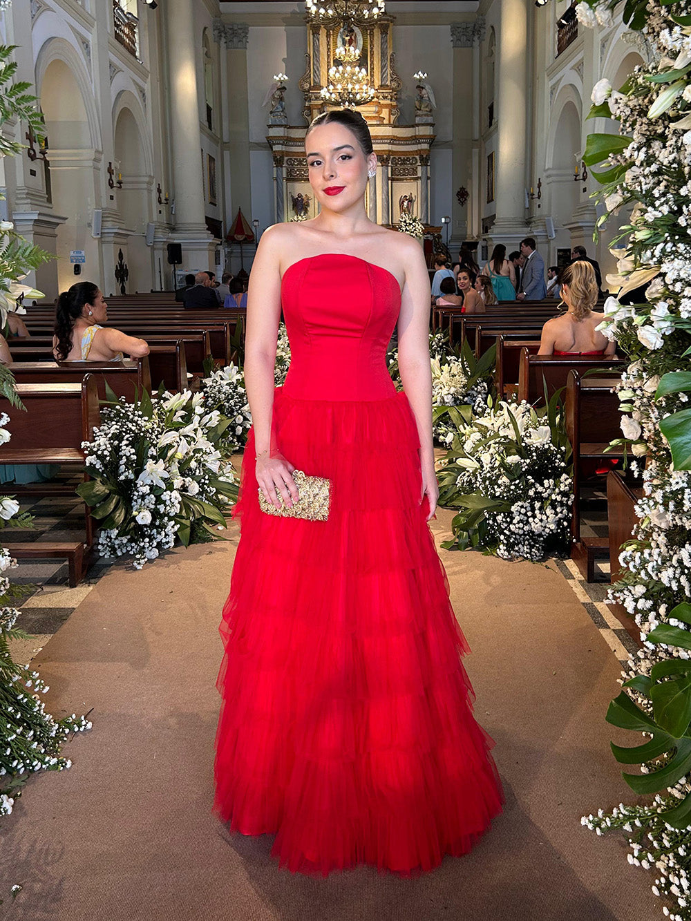 Red Tulle Evening Dress Strapless Tiered A Line Layered Prom Dress Wedding Guest Dress Ms2607104