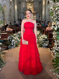 Red Tulle Evening Dress Strapless Tiered A Line Layered Prom Dress Wedding Guest Dress Ms2607104