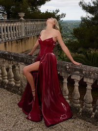 Burgundy Strapless Corset High Slit Sparkly Satin Formal Evening Gown Ms2512357