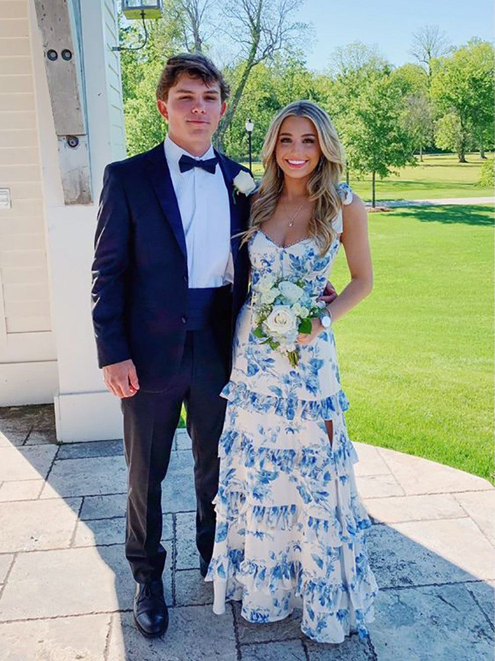 Printing Floral Elegant Formal Evening Gown Tiered Slit Prom Dress Ms2506145