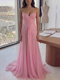 Strapless Prom Dress Pleated Chiffon Party Dress Ruched Long Evening Dress Ms2606223