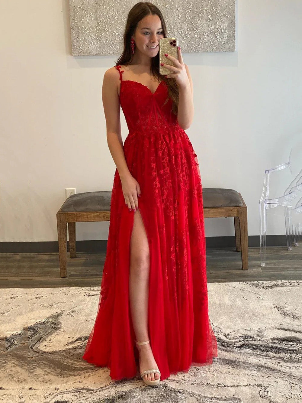 Red Lace Prom Dress Spaghetti Strap A Line High Slit Tulle Evening Dress Ms2603265