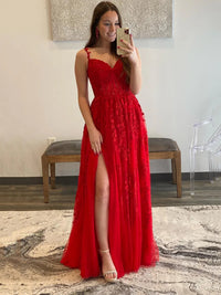 Red Lace Prom Dress Spaghetti Strap A Line High Slit Tulle Evening Dress Ms2603265