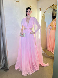 Pink Chiffon Formal Evening Gown Deep V Neck Cape Sleeve Pleated Cut Out A Line Prom Dress Ms2607033