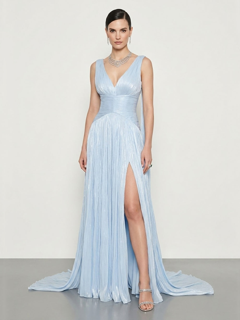 Sexy Pleated Evening Dress V Neck Formal Gown High Slit Backless Prom Dress Ms2605262