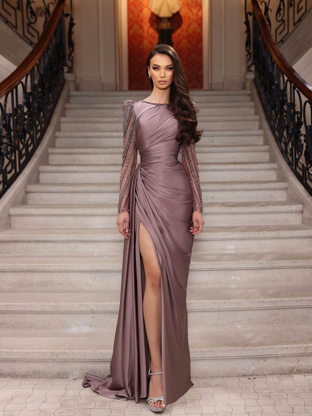 Mauve Evening Gown Beaded Long Sleeves High Slit Prom Dress Ms2512201 Msikoods Official Store Mauve Evening Gown Beaded Long Sleeves High Slit Prom Dress Ms2512201 Msikoods Official Store