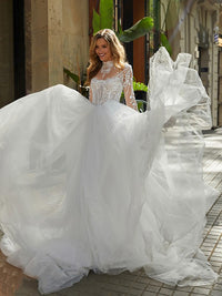 Lace Applqiues Long Sleeve Wedding Dress Glitter Illusion Bridal Dress Ms2602072