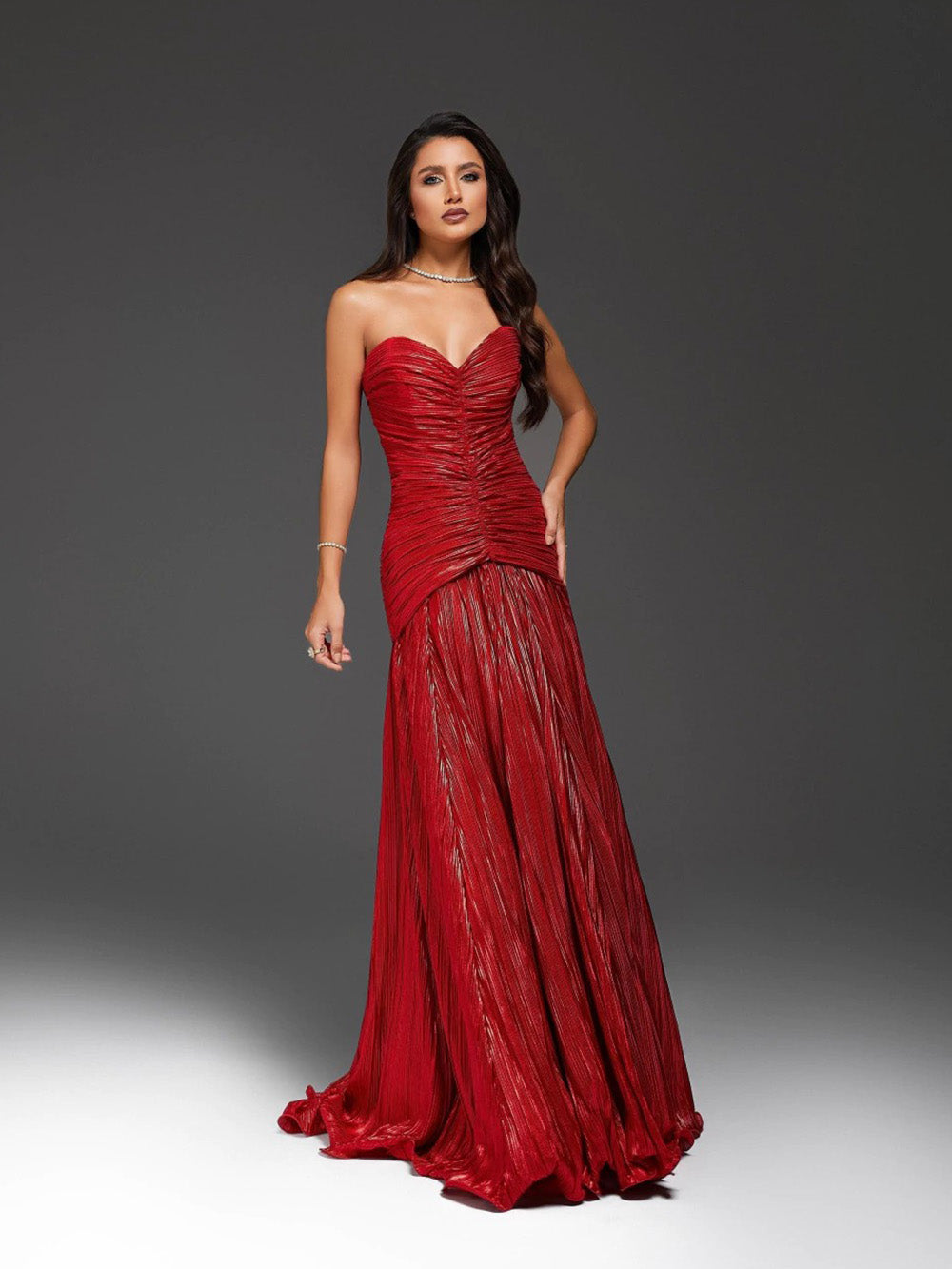 Red Strapless Ruched Prom Dress Pleated Formal Evening Gown Gala Dress Ms2604142