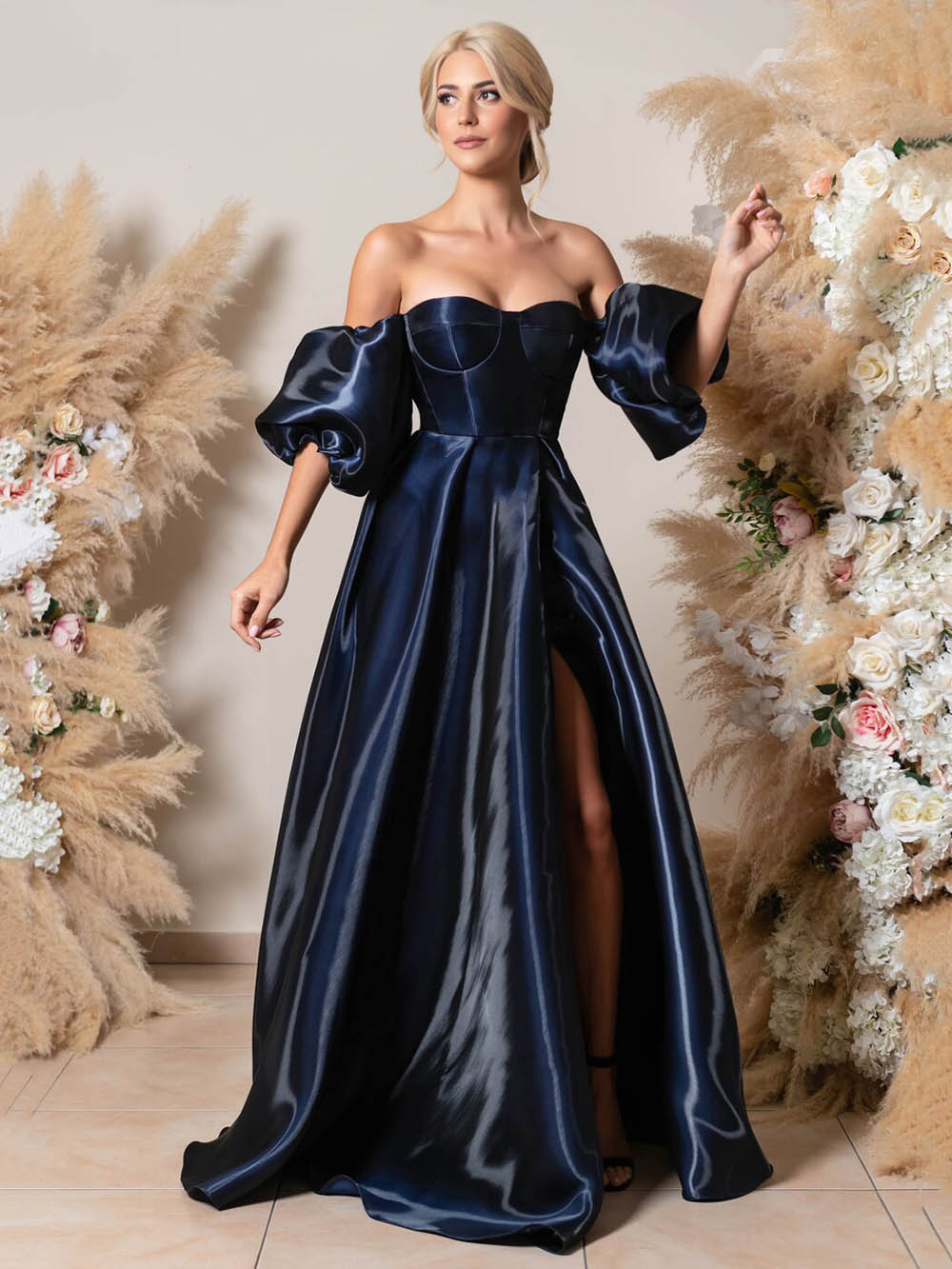 Shiny Satin Evening Dress Puff Sleeves Sexy High Slit Prom Dress Ms2512233