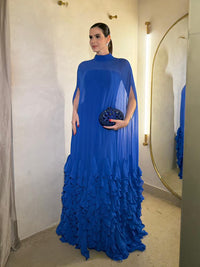 Royal Blue Chiffon Cape Evening Dress High Neck Ruffle Formal Dress Modest Prom Dress Ms2606245