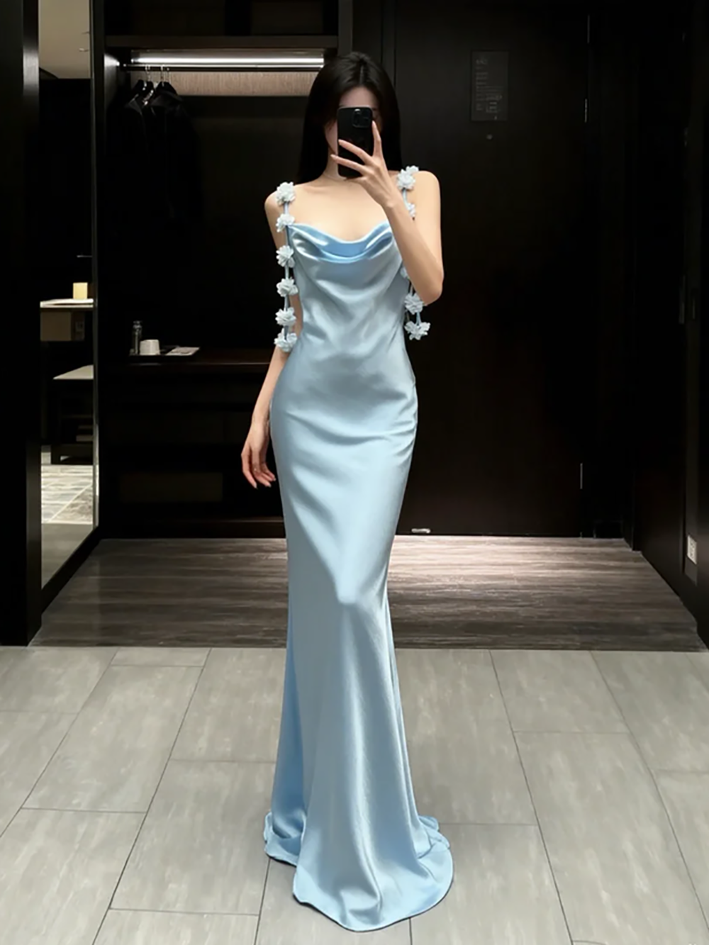 Satin Mermaid Evening Dress Cowl Neck Floral Strap Formal Evening Gown Backless Party Dress Ms2607211