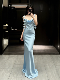Satin Mermaid Evening Dress Cowl Neck Floral Strap Formal Evening Gown Backless Party Dress Ms2607211